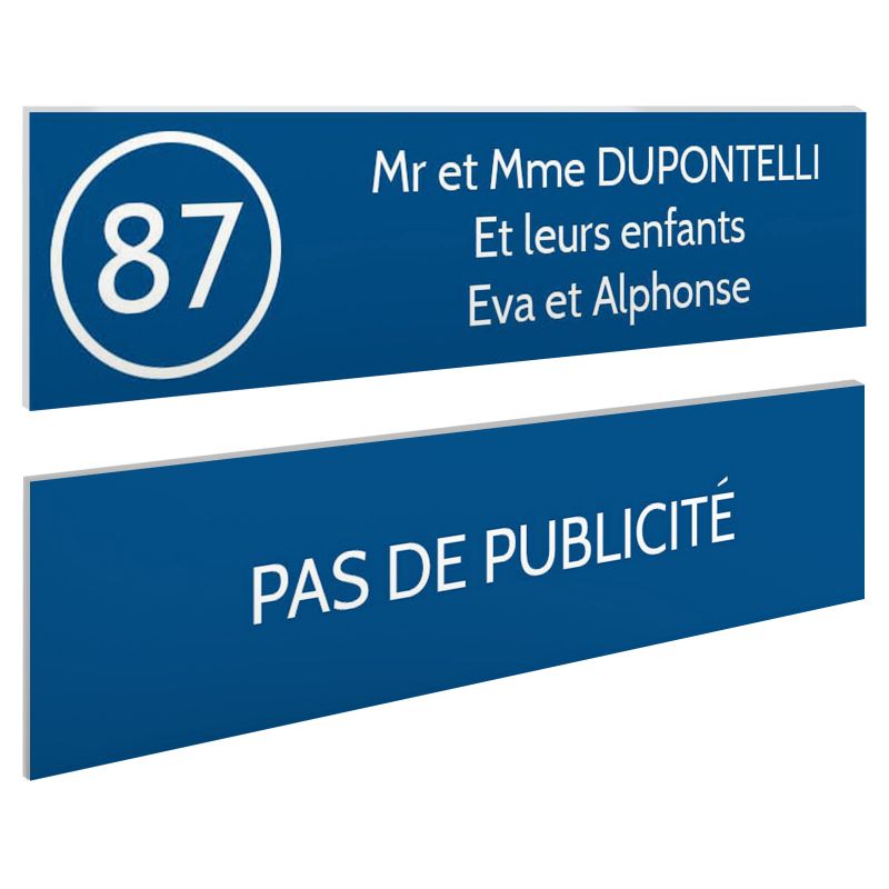 Plaque nom et numéro + Plaque Stop Pub pour boite aux lettres format 100x25mm bleue lettres blanches - 3 lignes Plaque nom et numéro + Plaque Stop Pub pour boite aux lettres format 100x25mm bleue lettres blanches - 3 lignes