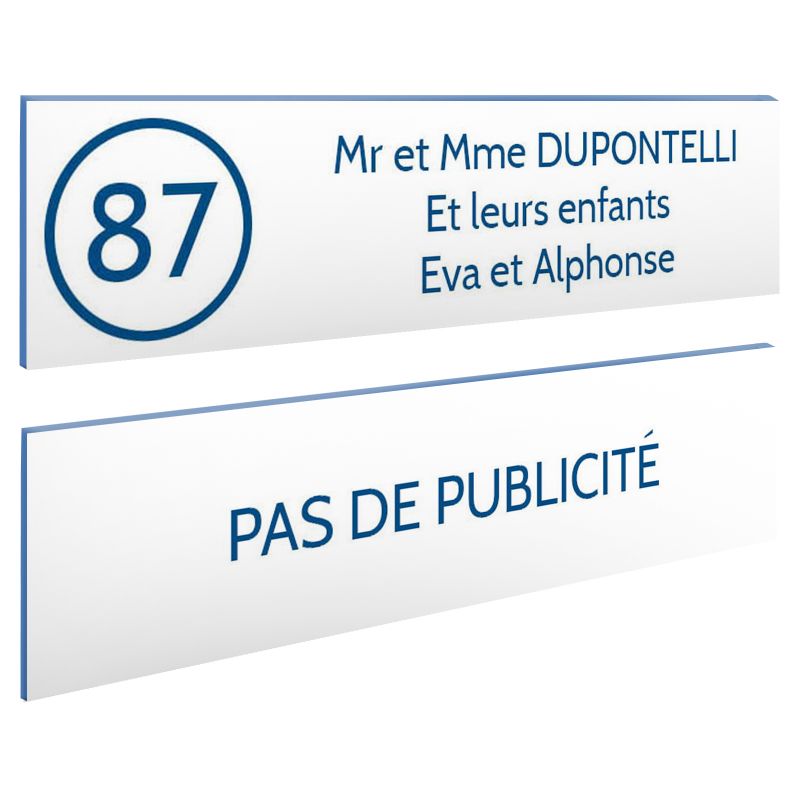 Plaque nom et numéro + Plaque Stop Pub pour boite aux lettres format 100x25mm blanche lettres bleues - 3 lignes Plaque nom et numéro + Plaque Stop Pub pour boite aux lettres format 100x25mm blanche lettres bleues - 3 lignes