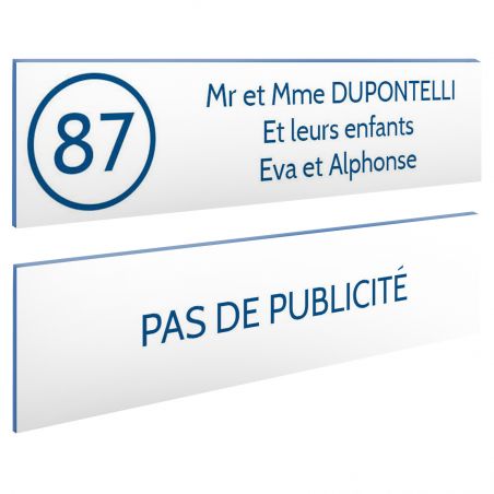 Plaque nom et numéro + Plaque Stop Pub pour boite aux lettres format 100x25mm blanche lettres bleues - 3 lignes