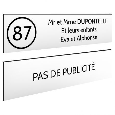 Plaque nom et numéro + Plaque Stop Pub pour boite aux lettres format 100x25mm blanche lettres noires - 3 lignes