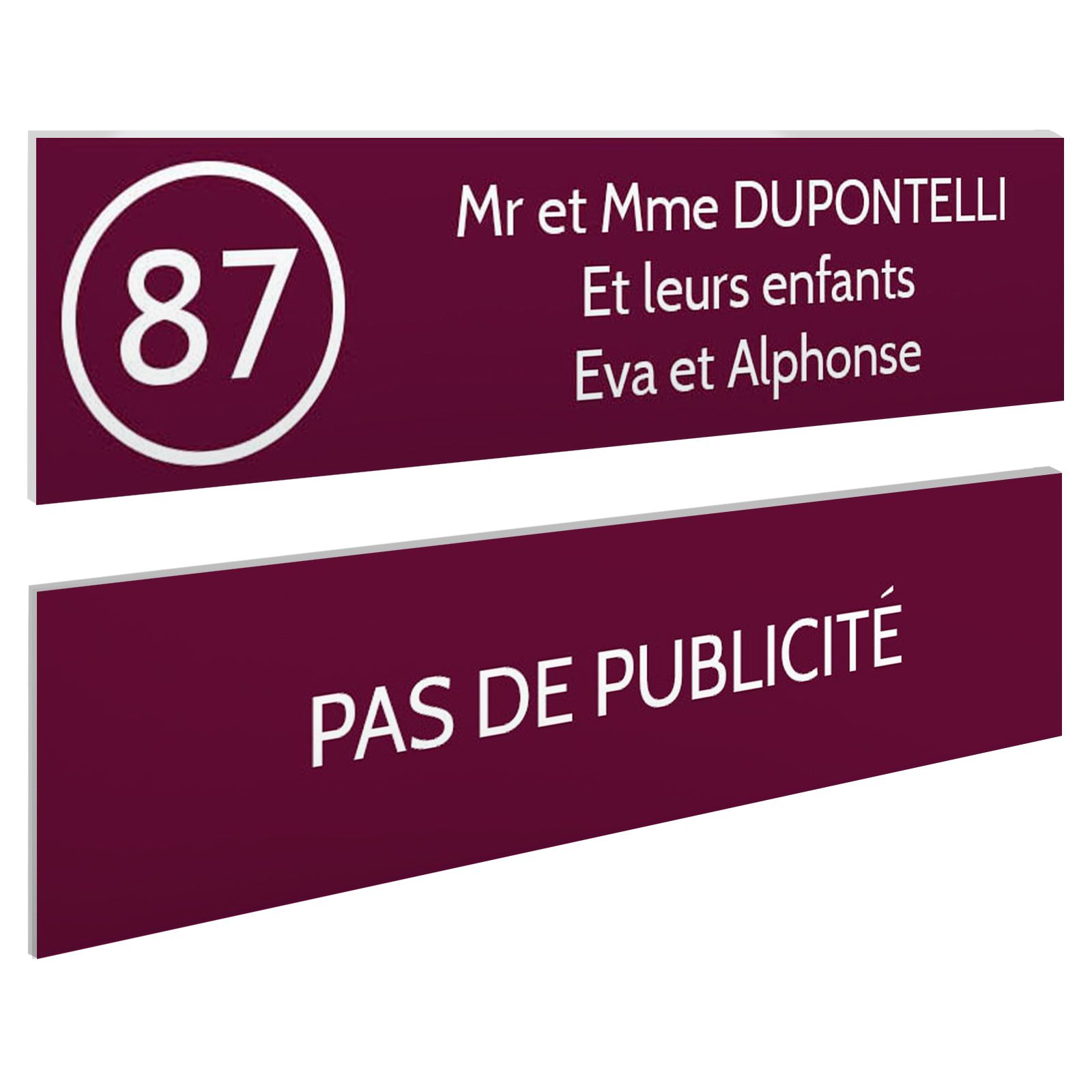 Plaque nom et numéro + Plaque Stop Pub pour boite aux lettres format 100x25mm bordeaux lettres blanches 3 lignes