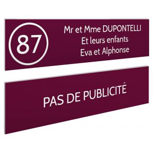 Plaque nom et numéro + Plaque Stop Pub pour boite aux lettres format 100x25mm bordeaux lettres blanches 3 lignes