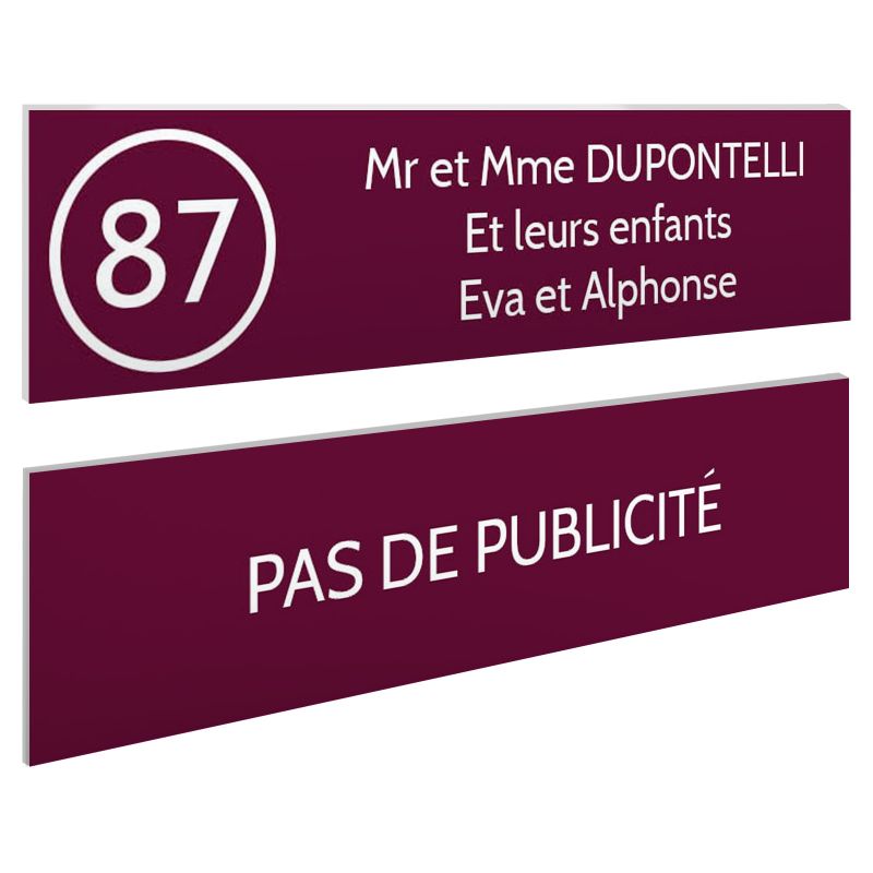 Plaque nom et numéro + Plaque Stop Pub pour boite aux lettres format 100x25mm bordeaux lettres blanches 3 lignes Plaque nom et numéro + Plaque Stop Pub pour boite aux lettres format 100x25mm bordeaux lettres blanches 3 lignes