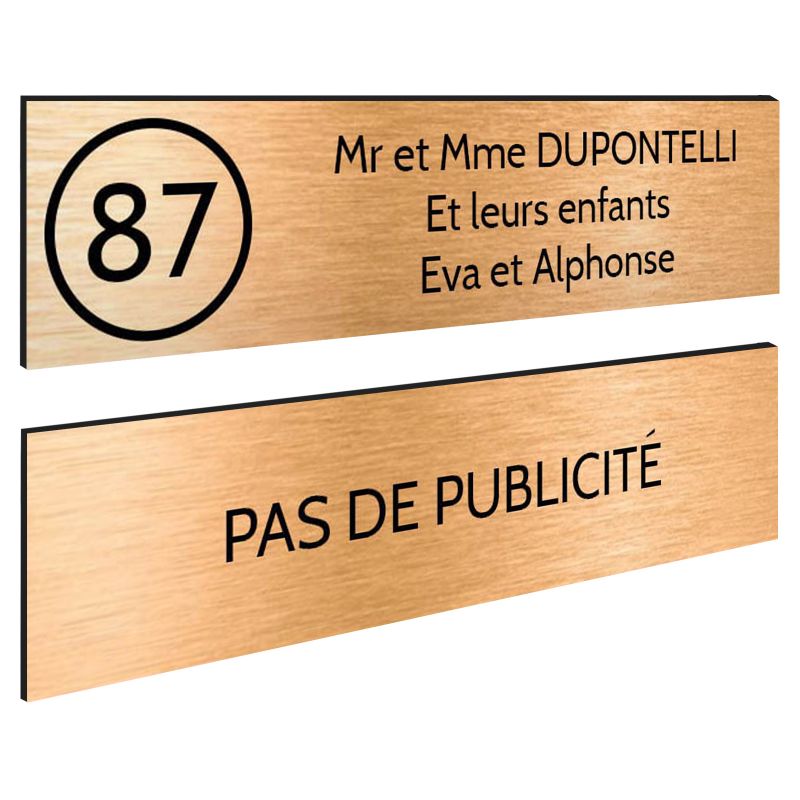 Plaque nom et numéro + Plaque Stop Pub pour boite aux lettres format 100x25mm cuivre lettres noires - 3 lignes Plaque nom et numéro + Plaque Stop Pub pour boite aux lettres format 100x25mm cuivre lettres noires - 3 lignes