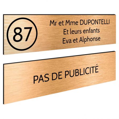 Plaque nom et numéro + Plaque Stop Pub pour boite aux lettres format 100x25mm cuivre lettres noires - 3 lignes