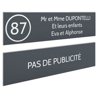 Plaque nom et numéro + Plaque Stop Pub pour boite aux lettres format 100x25mm grise lettres blanches - 3 lignes