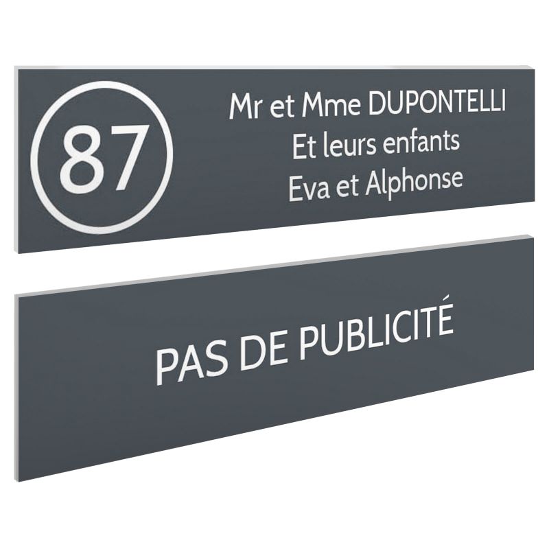 Plaque nom et numéro + Plaque Stop Pub pour boite aux lettres format 100x25mm grise lettres blanches - 3 lignes Plaque nom et numéro + Plaque Stop Pub pour boite aux lettres format 100x25mm grise lettres blanches - 3 lignes