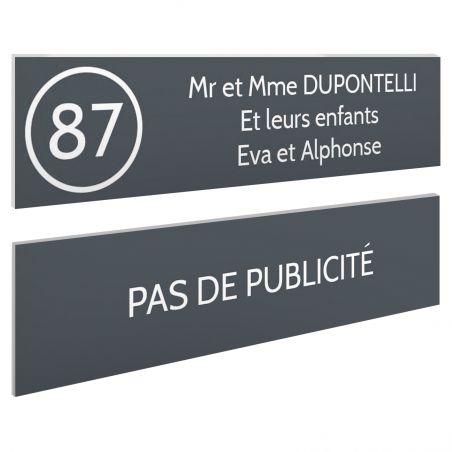 Plaque nom et numéro + Plaque Stop Pub pour boite aux lettres format 100x25mm grise lettres blanches - 3 lignes