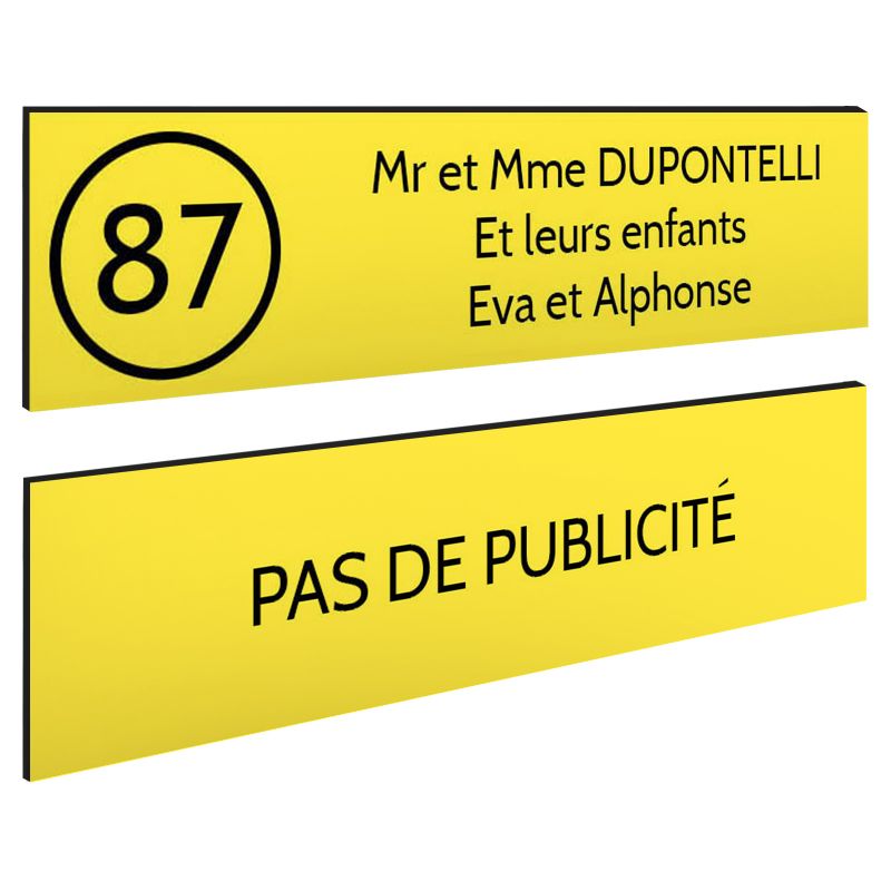 Plaque nom et numéro + Plaque Stop Pub pour boite aux lettres format 100x25mm jaune lettres noires - 3 lignes Plaque nom et numéro + Plaque Stop Pub pour boite aux lettres format 100x25mm jaune lettres noires - 3 lignes