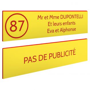 Plaque nom et numéro + Plaque Stop Pub pour boite aux lettres format 100x25mm Jaune lettres rouges - 3 lignes