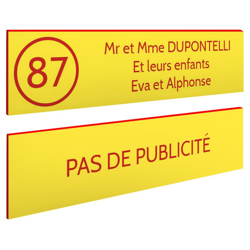 Plaque nom et numéro + Plaque Stop Pub pour boite aux lettres format 100x25mm Jaune lettres rouges - 3 lignes Plaque nom et numéro + Plaque Stop Pub pour boite aux lettres format 100x25mm Jaune lettres rouges - 3 lignes