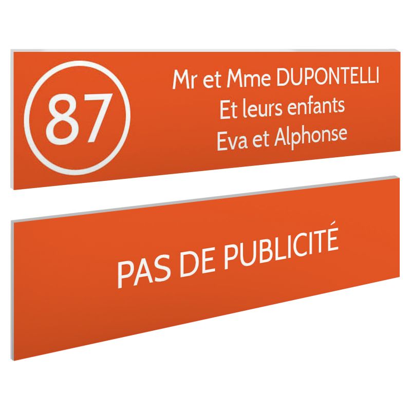 Plaque nom et numéro + Plaque Stop Pub pour boite aux lettres format 100x25mm orange lettres blanches - 3 lignes Plaque nom et numéro + Plaque Stop Pub pour boite aux lettres format 100x25mm orange lettres blanches - 3 lignes