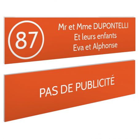 Plaque nom et numéro + Plaque Stop Pub pour boite aux lettres format 100x25mm orange lettres blanches - 3 lignes
