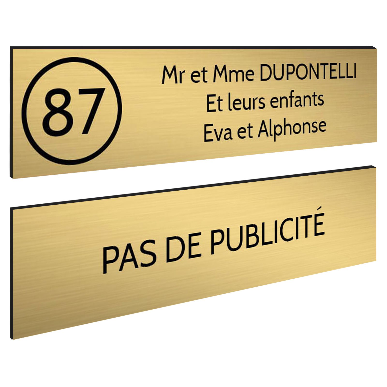 Plaque nom et numéro + Plaque Stop Pub pour boite aux lettres format 100x25mm or brossé lettres noires - 3 lignes