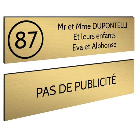 Plaque nom et numéro + Plaque Stop Pub pour boite aux lettres format 100x25mm or brossé lettres noires - 3 lignes