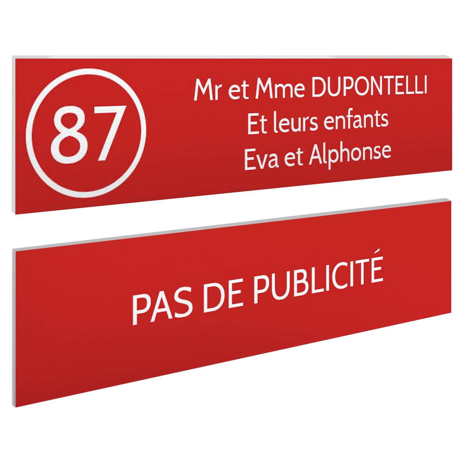 Plaque nom et numéro + Plaque Stop Pub pour boite aux lettres format 100x25mm rouge lettres blanches - 3 lignes