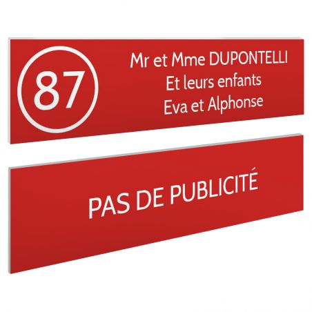 Plaque nom et numéro + Plaque Stop Pub pour boite aux lettres format 100x25mm rouge lettres blanches - 3 lignes