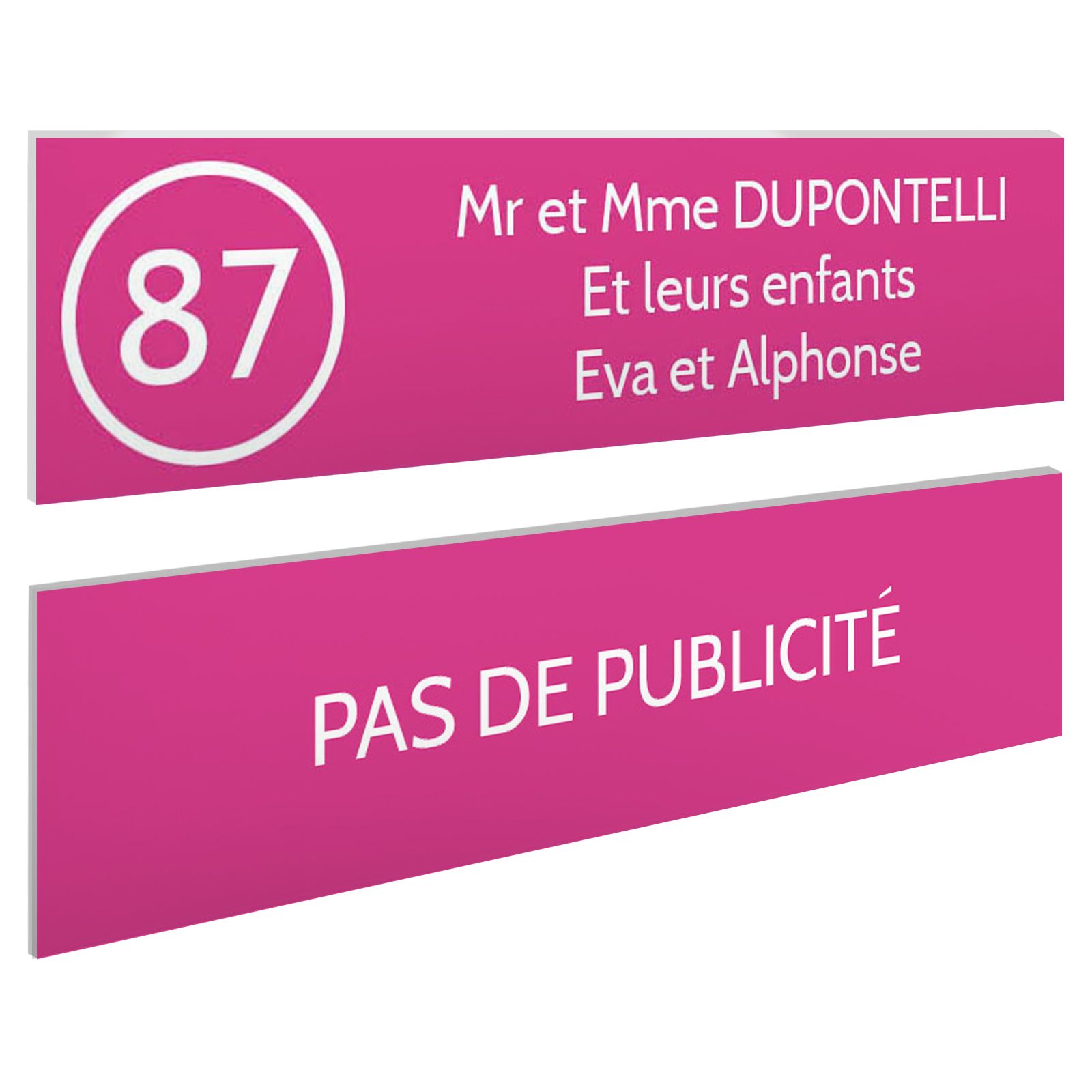 Plaque nom et numéro + Plaque Stop Pub pour boite aux lettres format 100x25mm rose lettres blanches - 3 lignes