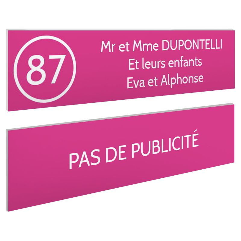 Plaque nom et numéro + Plaque Stop Pub pour boite aux lettres format 100x25mm rose lettres blanches - 3 lignes Plaque nom et numéro + Plaque Stop Pub pour boite aux lettres format 100x25mm rose lettres blanches - 3 lignes