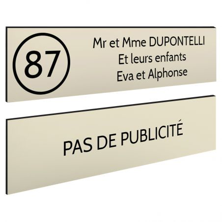 Plaque nom et numéro + Plaque Stop Pub pour boite aux lettres format 100x25mm beige lettres noires - 3 lignes