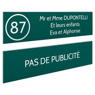 Plaque nom et numéro + Plaque Stop Pub pour boite aux lettres format 100x25mm vert foncé lettres blanches 3 lignes