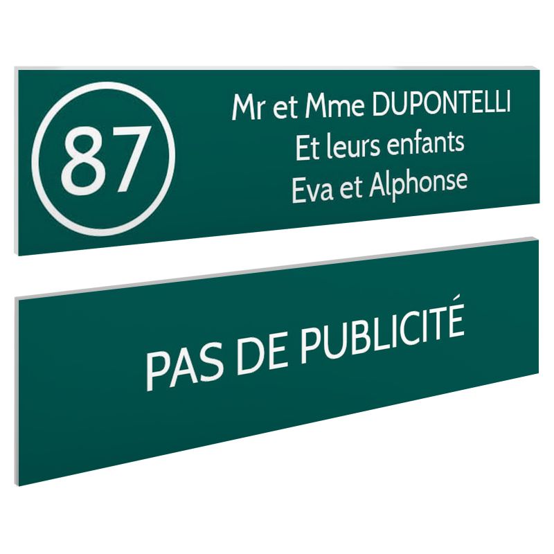 Plaque nom et numéro + Plaque Stop Pub pour boite aux lettres format 100x25mm vert foncé lettres blanches 3 lignes Plaque nom et numéro + Plaque Stop Pub pour boite aux lettres format 100x25mm vert foncé lettres blanches 3 lignes
