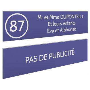 Plaque nom et numéro + Plaque Stop Pub pour boite aux lettres format 100x25mm violette lettres blanches - 3 lignes