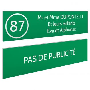 Plaque nom et numéro + Plaque Stop Pub boite aux lettres format 100x25mm vert pomme lettres blanches - 3 lignes