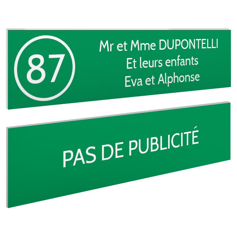 Plaque nom et numéro + Plaque Stop Pub boite aux lettres format 100x25mm vert pomme lettres blanches - 3 lignes Plaque nom et numéro + Plaque Stop Pub boite aux lettres format 100x25mm vert pomme lettres blanches - 3 lignes