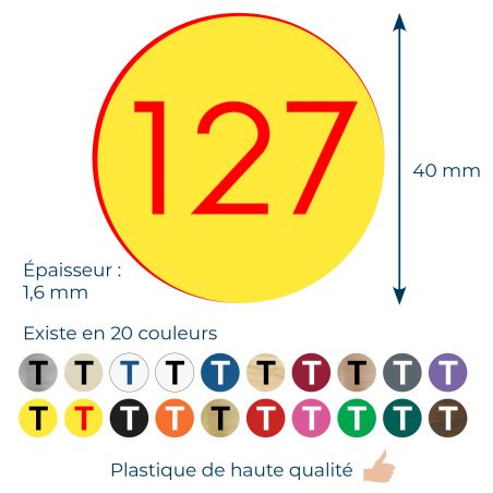 Numéro pour boite aux lettres personnalisable format rond diamètre 40 mm couleur jaune chiffres rouges