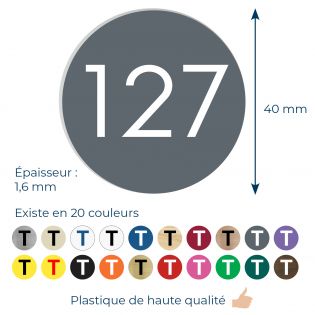 Numéro pour boite aux lettres personnalisable format rond diamètre 40 mm couleur gris chiffres blancs