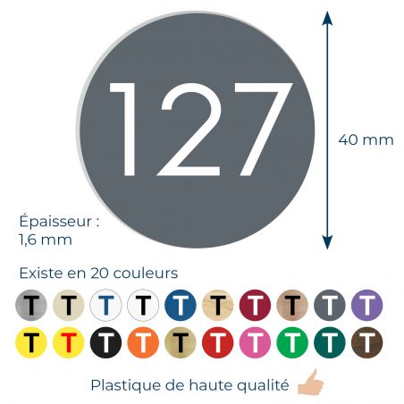 Numéro pour boite aux lettres personnalisable format rond diamètre 40 mm couleur gris chiffres blancs