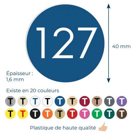 Numéro pour boite aux lettres personnalisable format rond diamètre 40 mm couleur bleu chiffres blancs