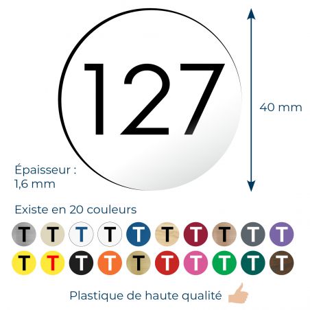 Numéro pour boite aux lettres personnalisable format rond diamètre 40 mm couleur blanc chiffres noirs