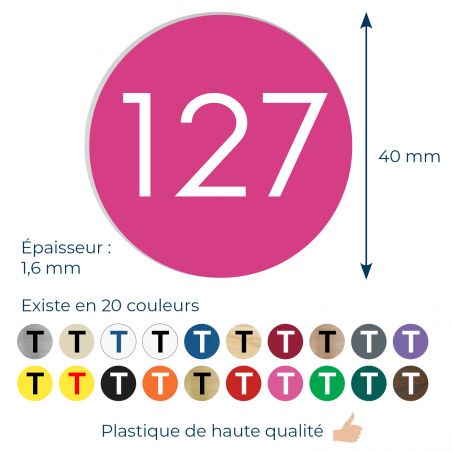 Numéro pour boite aux lettres personnalisable format rond diamètre 40 mm couleur rose chiffres blancs