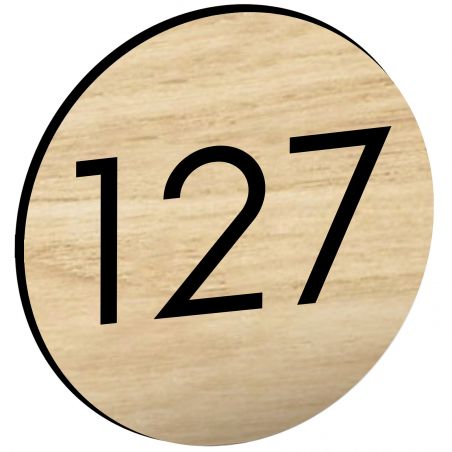Numéro pour boite aux lettres personnalisable format rond diamètre 40 mm couleur effet bois clair chiffres noirs