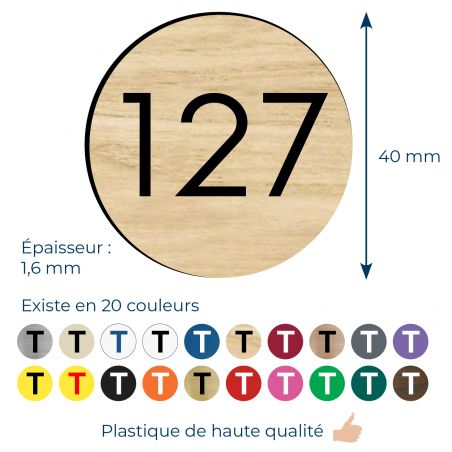 Numéro pour boite aux lettres personnalisable format rond diamètre 40 mm couleur effet bois clair chiffres noirs