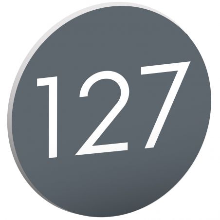 Numéro pour boite aux lettres personnalisable format rond diamètre 60 mm couleur gris chiffres blancs