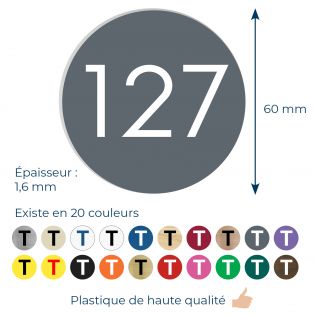 Numéro pour boite aux lettres personnalisable format rond diamètre 60 mm couleur gris chiffres blancs