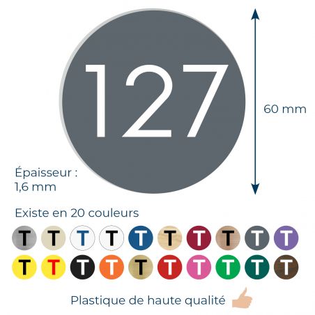 Numéro pour boite aux lettres personnalisable format rond diamètre 60 mm couleur gris chiffres blancs