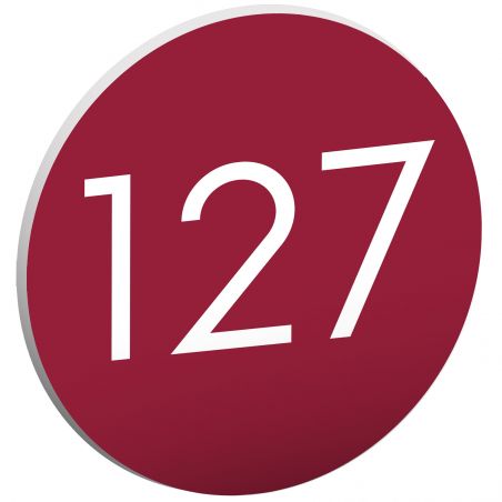 Numéro pour boite aux lettres personnalisable format rond diamètre 60 mm couleur bordeaux chiffres blancs