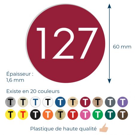 Numéro pour boite aux lettres personnalisable format rond diamètre 60 mm couleur bordeaux chiffres blancs