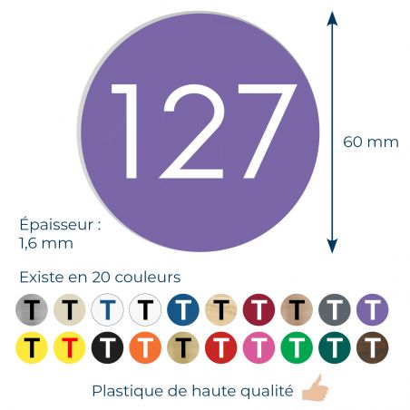 Numéro pour boite aux lettres personnalisable format rond diamètre 60 mm couleur violet chiffres blancs