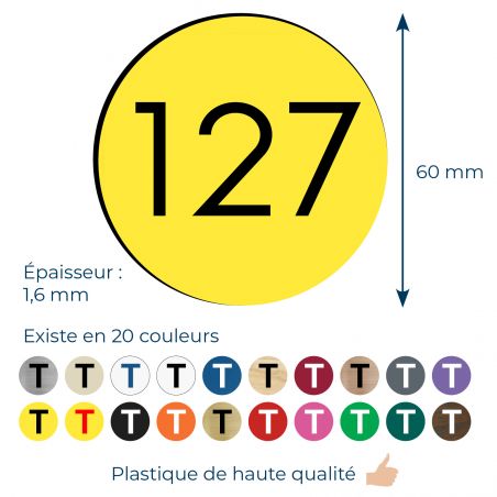 Numéro pour boite aux lettres personnalisable format rond diamètre 60 mm couleur jaune chiffres noirs
