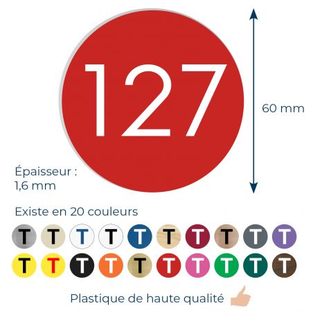 Numéro pour boite aux lettres personnalisable format rond diamètre 60 mm couleur rouge chiffres blancs