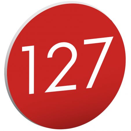 Numéro pour boite aux lettres personnalisable format rond diamètre 60 mm couleur rouge chiffres blancs