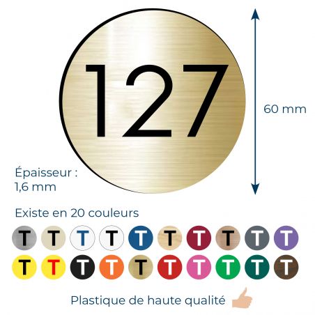 Numéro pour boite aux lettres personnalisable format rond diamètre 60 mm couleur or brossé chiffres noirs