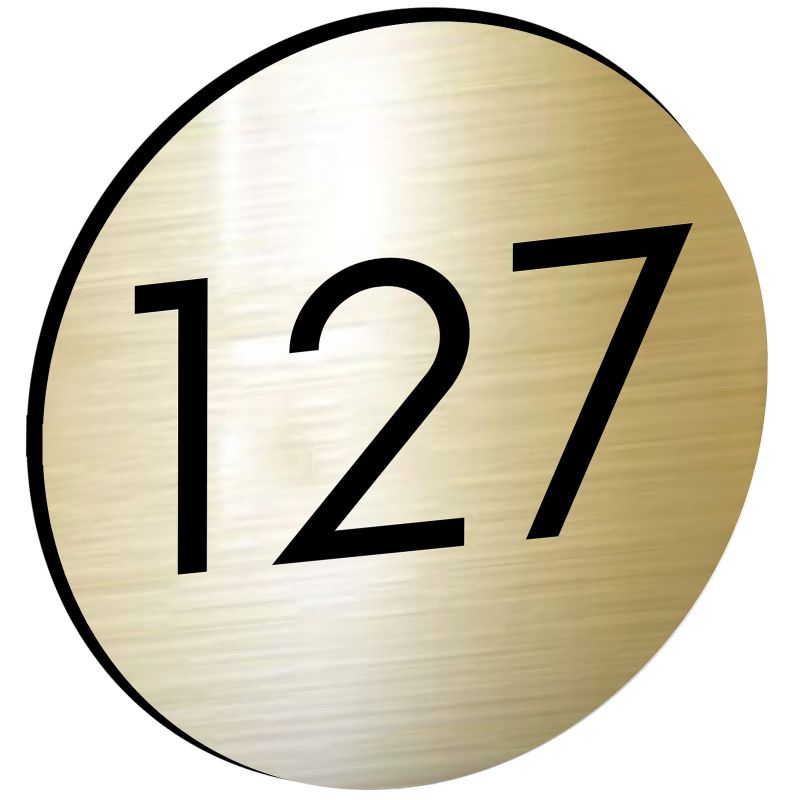 Numéro pour boite aux lettres personnalisable format rond diamètre 60 mm couleur or brossé chiffres noirs Numéro pour boite aux lettres personnalisable format rond diamètre 60 mm couleur or brossé chiffres noirs