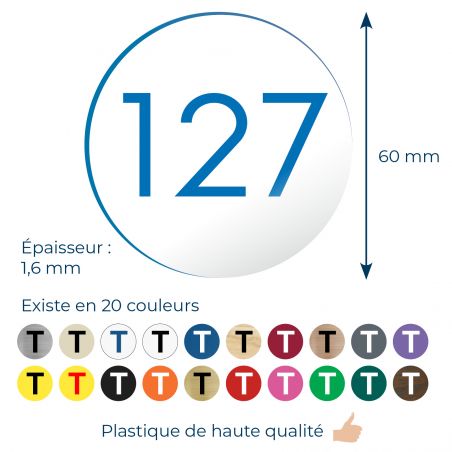Numéro pour boite aux lettres personnalisable format rond diamètre 60 mm couleur blanc chiffres bleus