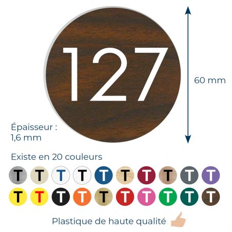 Numéro pour boite aux lettres personnalisable format rond diamètre 60 mm couleur effet bois foncé chiffres blancs